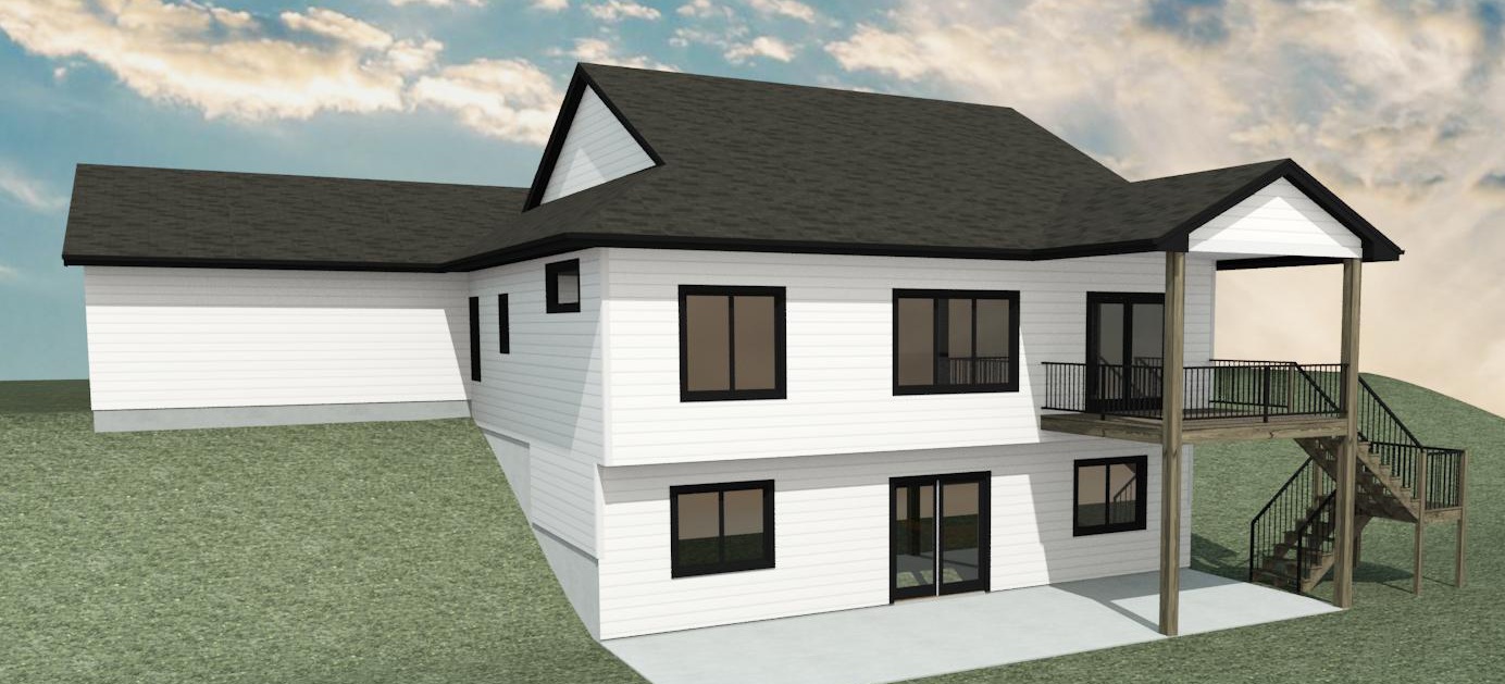 Rear exterior rendering of the upcoming Claremont custom home with covered deck